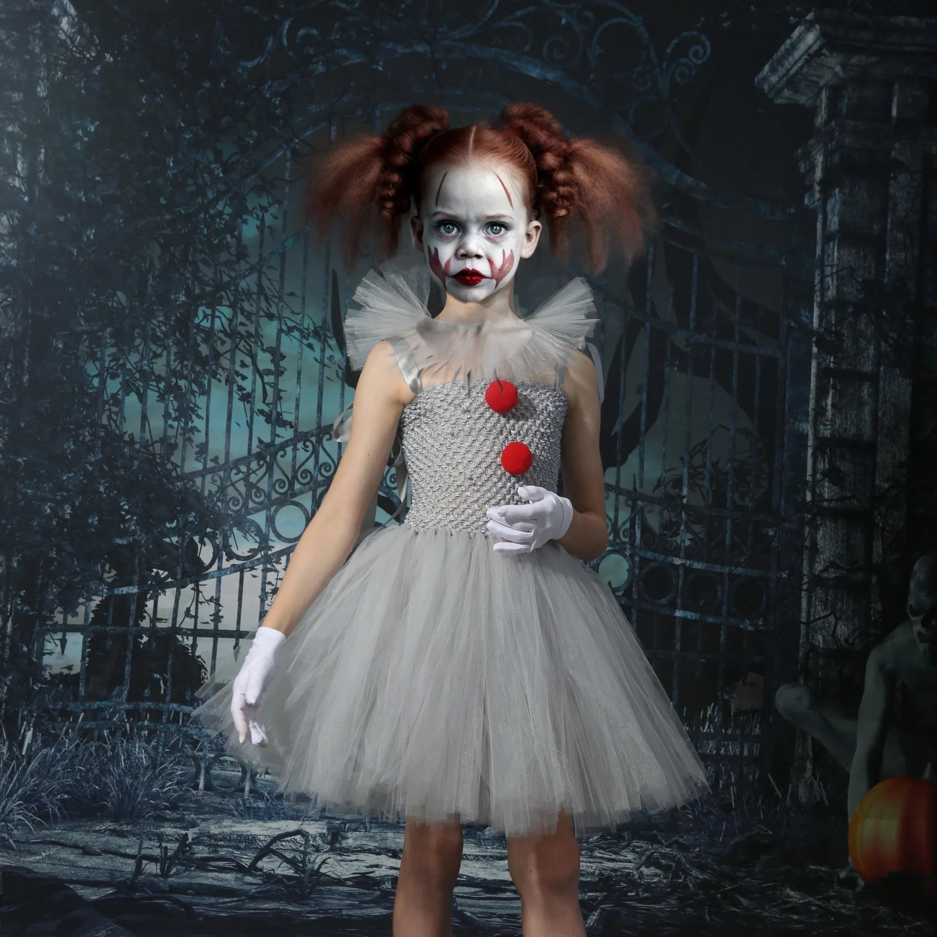 EtherealBe kids creepy clown Halloween costume with tulle dress and clown makeup for spooky fun