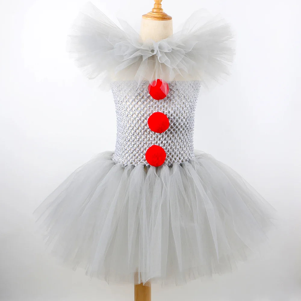 Kids creepy clown Halloween costume featuring a gray tutu dress with red pom-poms and fluffy neckline