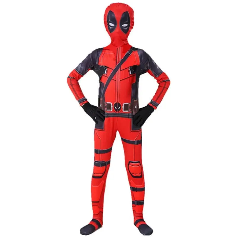 Kids Spiderman Halloween costume featuring a full-body red suit with iconic design details
