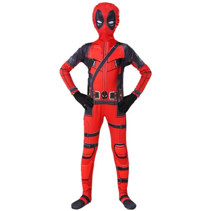 Kids Spiderman Halloween costume featuring a full-body red suit with iconic design details
