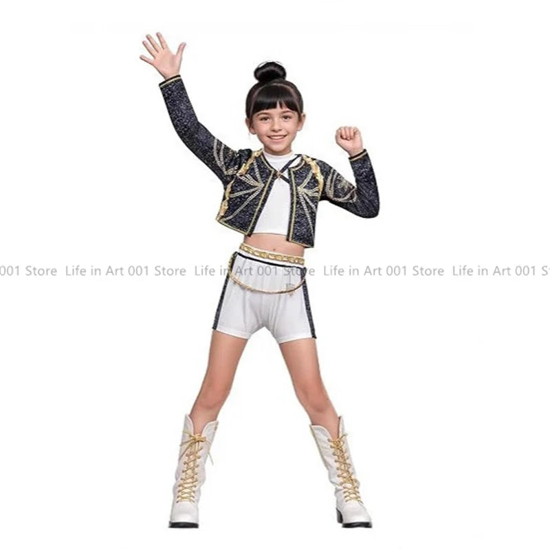 Kids demon hunter cosplay outfit with a stylish jacket and metallic shorts for young heroes