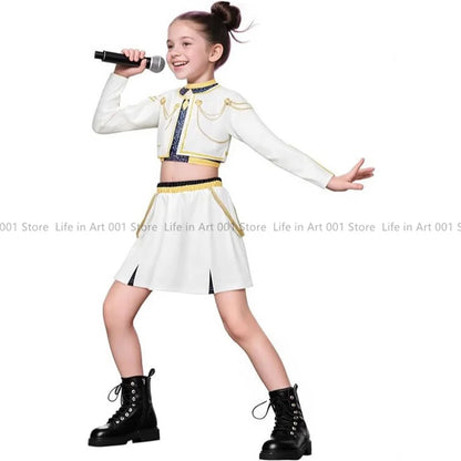 Cute kids demon hunter cosplay outfit with white top and skirt for imaginative play