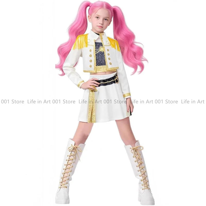 Kids demon hunter cosplay outfit featuring a stylish white jacket and skirt with gold accents