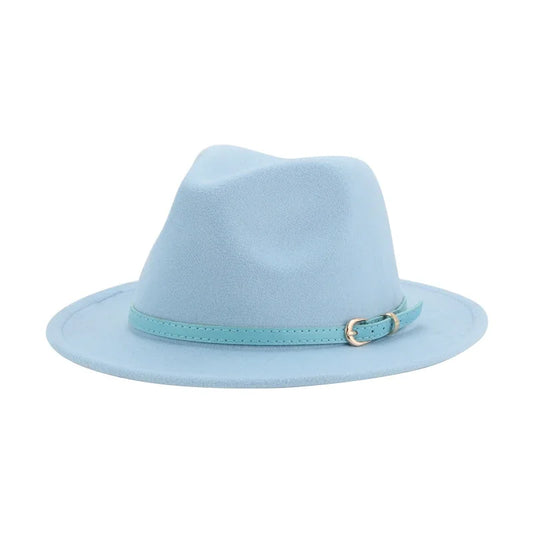 Light blue kids fedora hat with a stylish band for playful and fashionable children