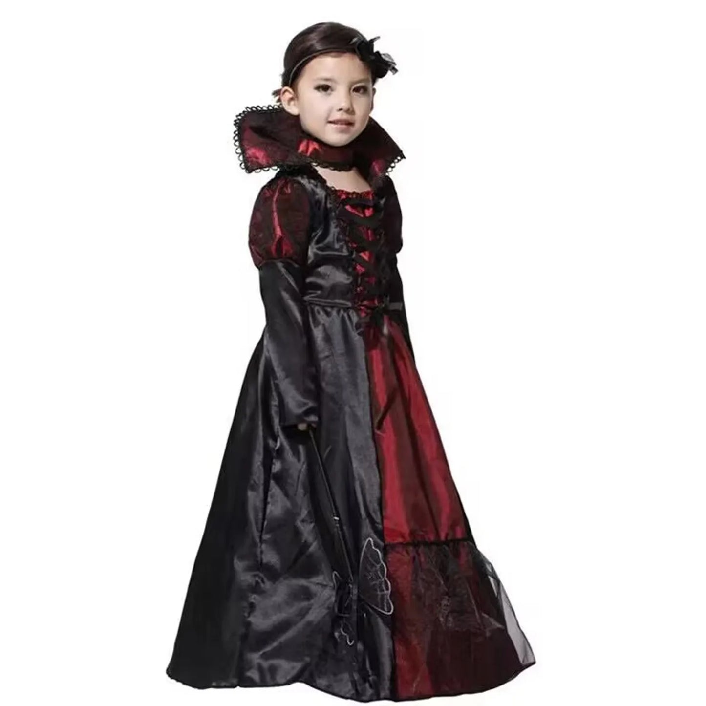 Kids gothic lace dress for Halloween with a dramatic collar and flowing design in black and red