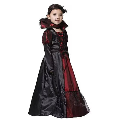 Kids gothic lace dress for Halloween with a dramatic collar and flowing design in black and red