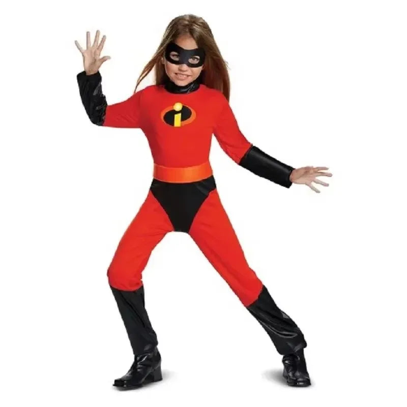 Child in red and black Incredible costume for Halloween, perfect for spooky superhero fun