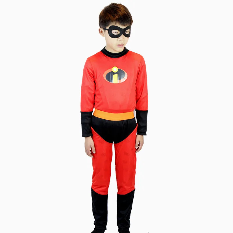 Kids Halloween Incredible costume featuring red jumpsuit and black mask for superhero play