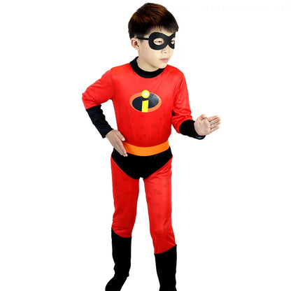 Kids Halloween Incredible costume featuring a red superhero outfit with a mask and belt