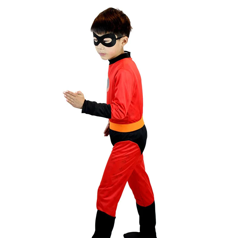 Kids Halloween Incredible costume featuring a red superhero suit and black mask for imaginative play
