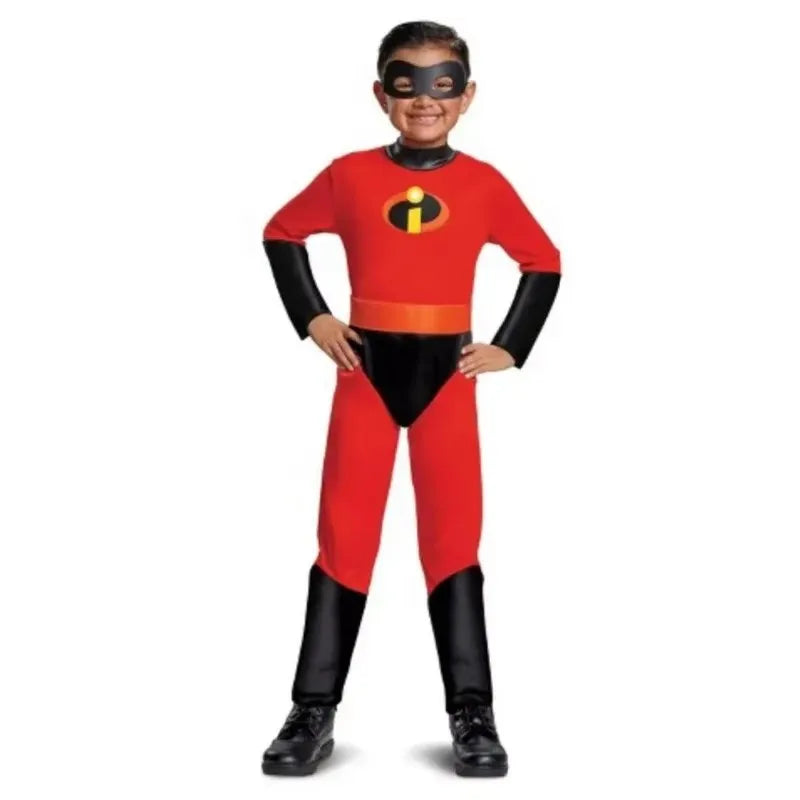 Kids Halloween Incredible costume featuring a red superhero jumpsuit and black mask for festive fun