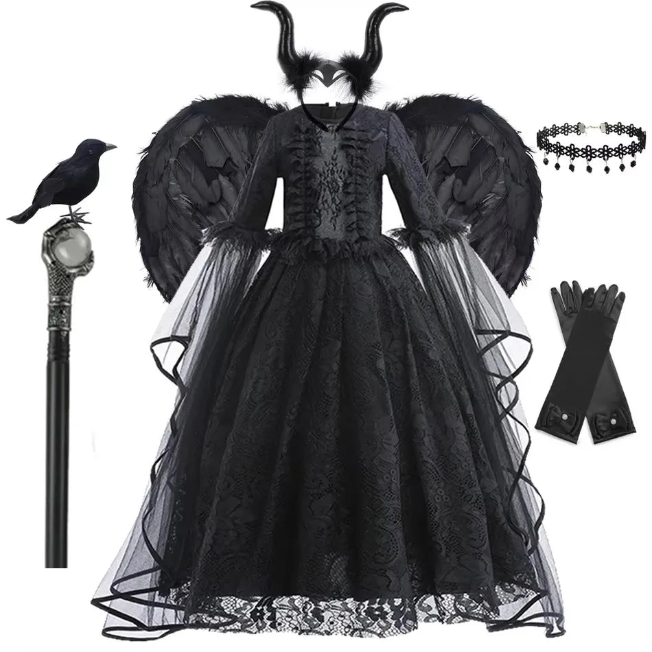 Black kids Halloween witches dress up costumes with wings, gloves, crown, and accessory wand