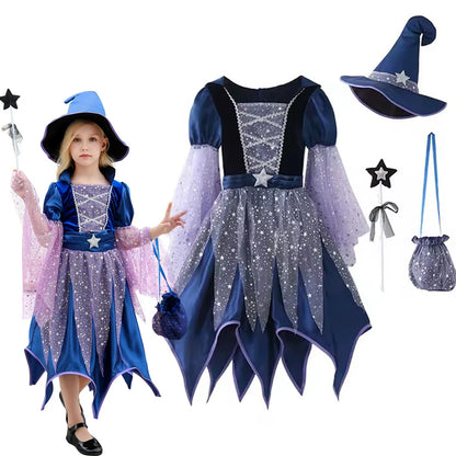 Kids Halloween witches dress up costumes featuring a sparkling blue dress and witch hat