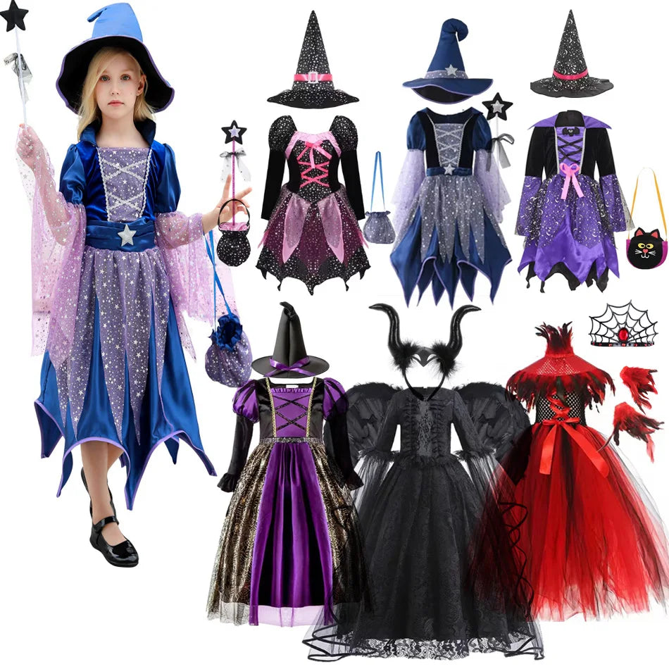 Variety of kids Halloween witches dress up costumes in purple and black with accessories