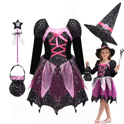 Sparkly kids Halloween witches dress up costumes featuring a hat, wand, and candy bag for festive fun