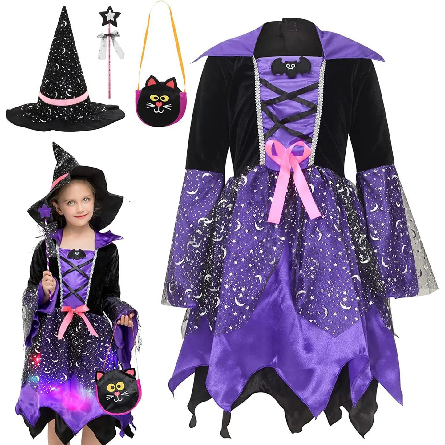 Kids Halloween witches dress up costumes featuring a purple and black dress with accessories like a hat and wand