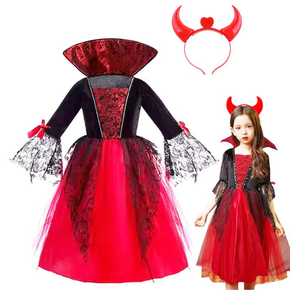 Kids Halloween witches dress up costumes with red tulle skirt and black lace accents for festive fun