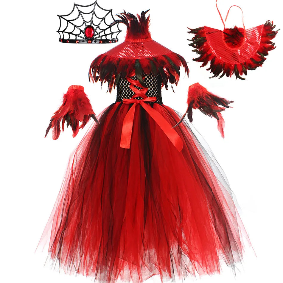 EtherealBe kids Halloween witches dress up costumes with red tulle skirt, feather accents, and matching accessories