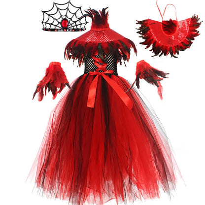 EtherealBe kids Halloween witches dress up costumes with red tulle skirt, feather accents, and matching accessories