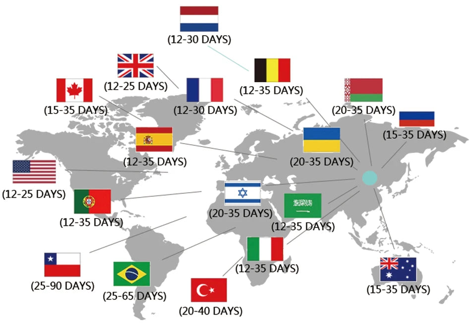 World map showing estimated shipping times for kids Halloween witches dress up costumes from various countries
