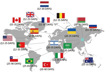 World map showing estimated shipping times for kids Halloween witches dress up costumes from various countries
