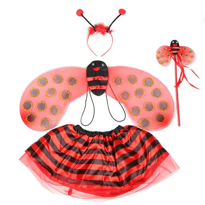 Kids honey bee Halloween costume set with striped wings, skirt, headband, and wand for festive celebrations