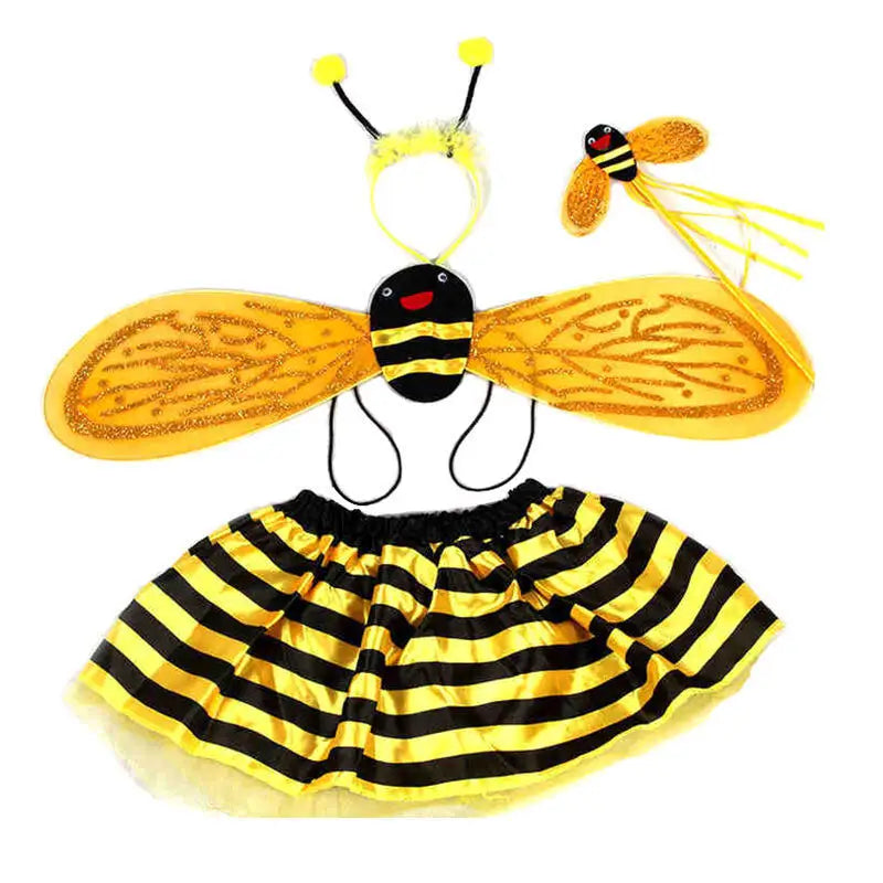 Kids honey bee Halloween costume set with wings, skirt, and headband for playful dress-up fun