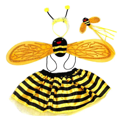 Kids honey bee Halloween costume set with wings, headband, and striped skirt for fun dress-up