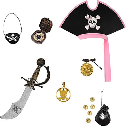 Kids pirate Halloween costume accessories including a sword, hat, eye patch, and treasure loot