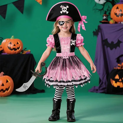 Cute girl in a pink and black kids pirate Halloween costume with hat and sword, perfect for trick-or-treating