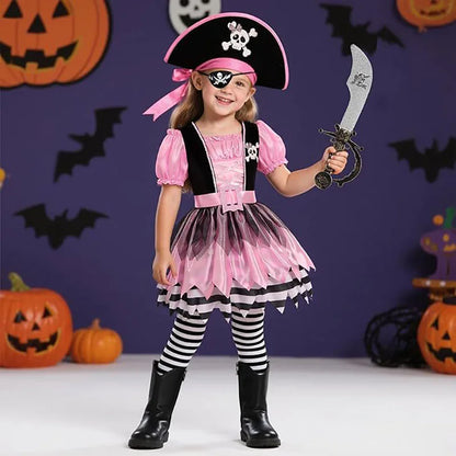 EtherealBe Kids pirate Halloween costume featuring a pink dress, striped leggings, and pirate accessories
