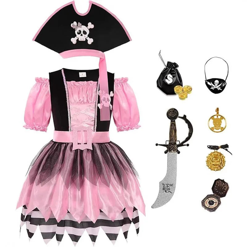 EtherealBe Kids pirate Halloween costume with pink dress, pirate accessories, and hat