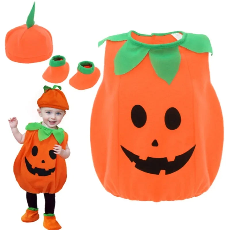 Cute kids pumpkin costume Halloween with a smiling face and green leaves, perfect for festive celebrations