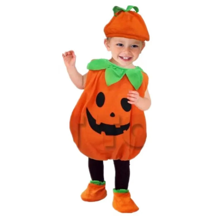 Cute kids pumpkin costume Halloween with a smiling face for festive celebrations
