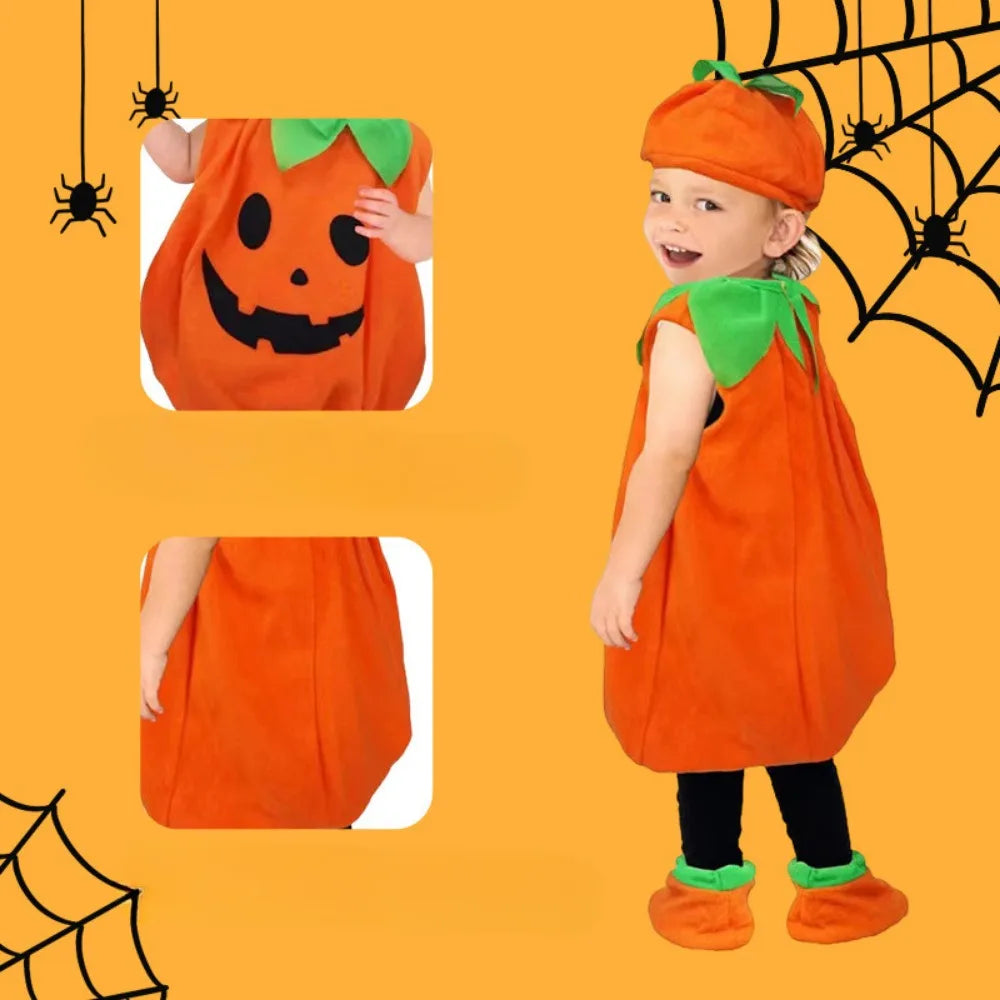 Cute kids pumpkin costume Halloween with happy face and green leaves for festive celebrations