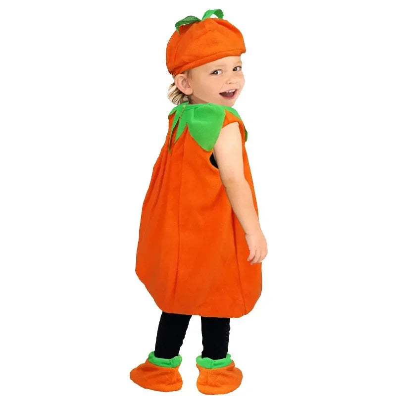 EtherealBe kids pumpkin costume Halloween with green leaf accents and matching hat
