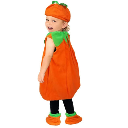 Adorable kids pumpkin costume Halloween featuring soft fabric and matching hat for festive fun