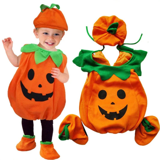 Cute kids pumpkin costume Halloween featuring an orange dress and a matching cap for festive fun