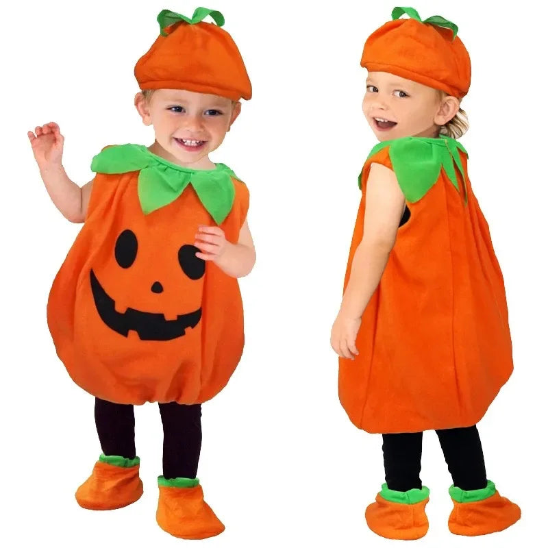 Adorable kids pumpkin costume Halloween with smiling jack-o-lantern face and green leaf accents