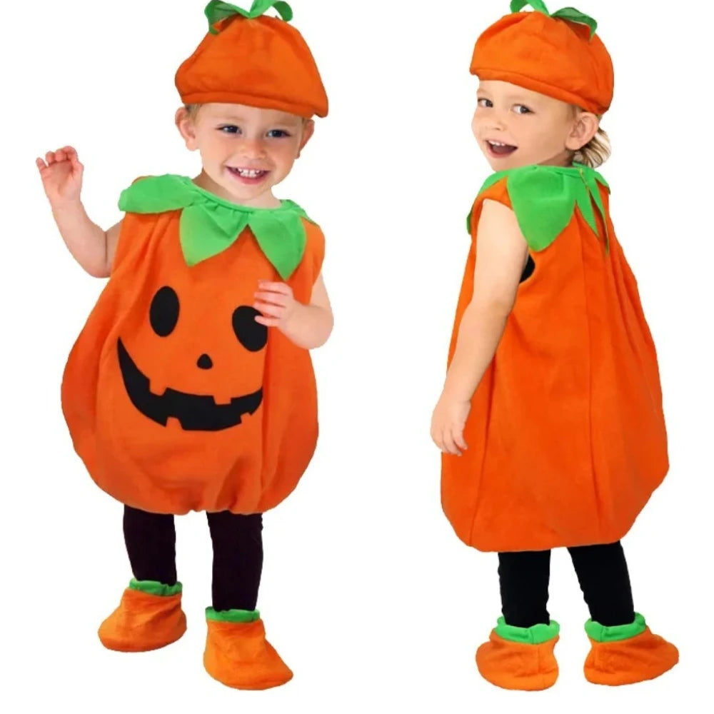 Cute kids pumpkin costume Halloween with bright orange color and smiling jack-o-lantern face