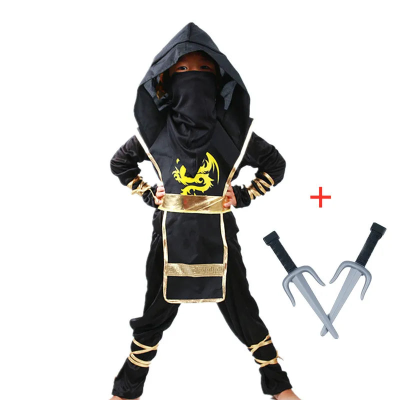 Black kids samurai Halloween outfit with hood and accessories for a fun costume party