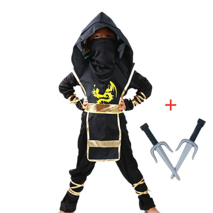 Black kids samurai Halloween outfit with hood and accessories for a fun costume party
