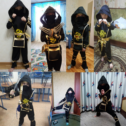 Kids samurai Halloween outfit featuring black attire with gold details and accessories for costume play