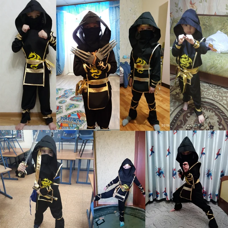 Kids samurai Halloween outfit featuring black and gold design with sword accessories