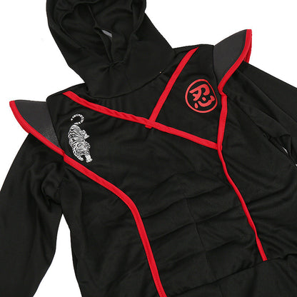 EtherealBe kids samurai Halloween outfit in black with red accents and hood, perfect for costume parties