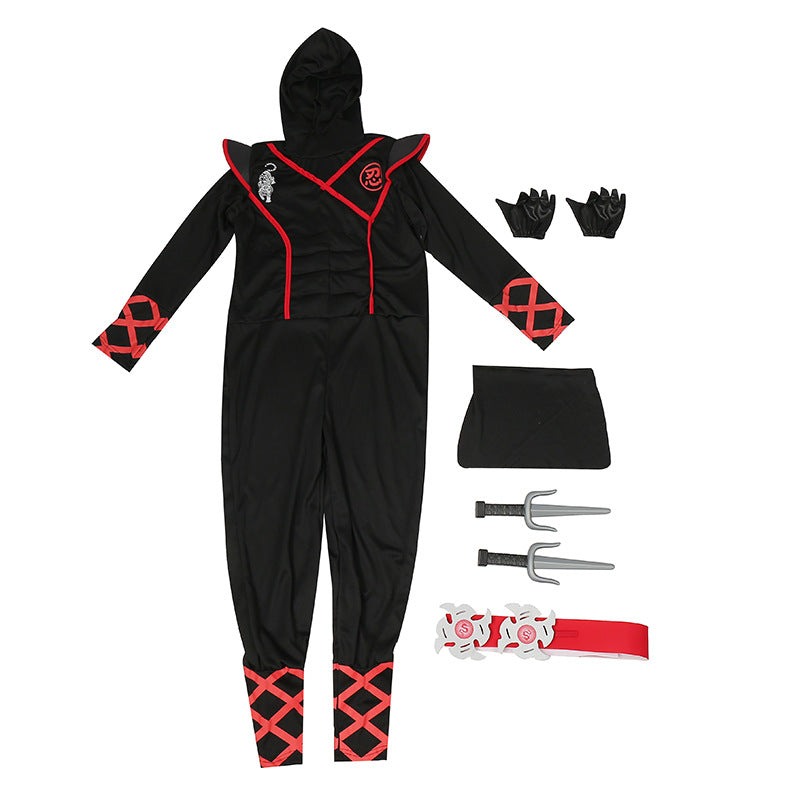 Kids samurai Halloween outfit featuring a black jumpsuit, hood, gloves, and accessories for a fun costume
