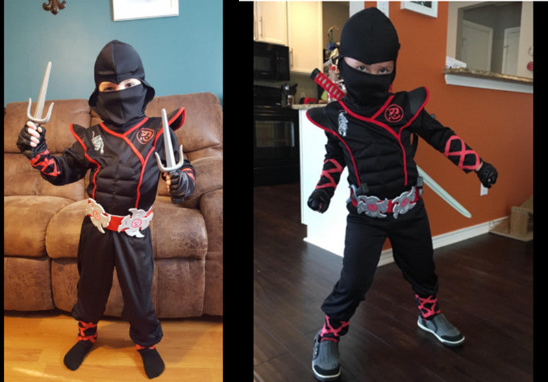 Kids Samurai Halloween outfit featuring a ninja design with swords and accessories for costume fun