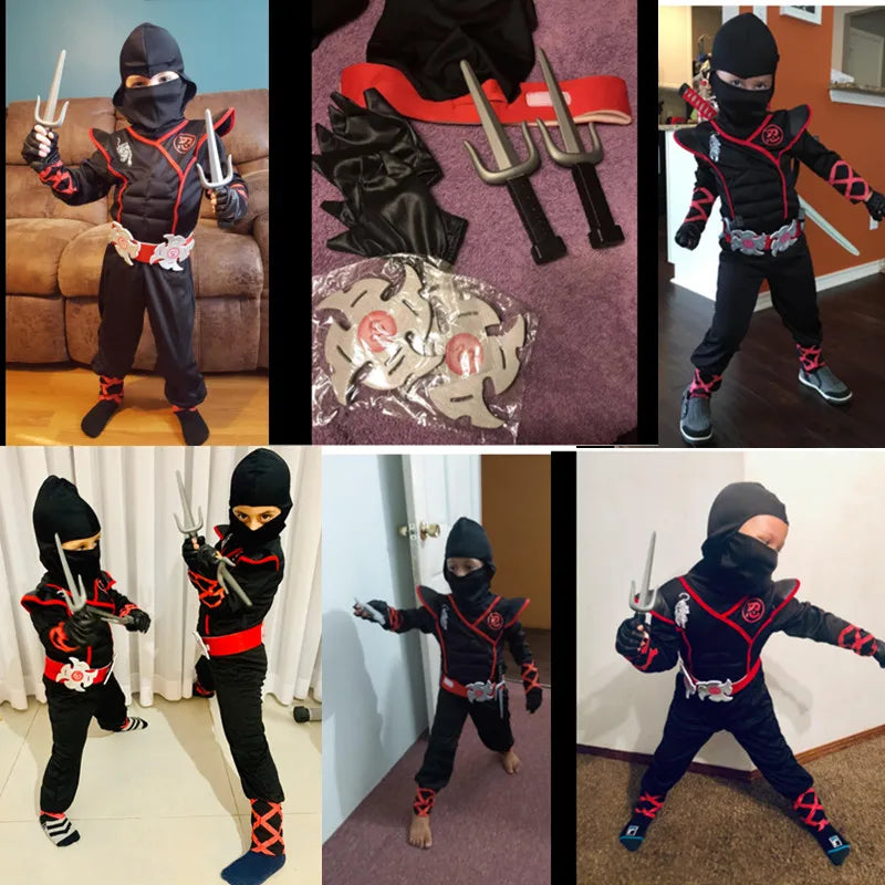 Kids samurai Halloween outfit in black and red with accessories and weapons for an authentic look