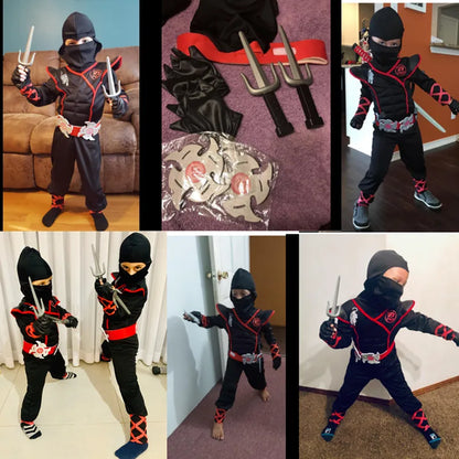 Kids samurai Halloween outfit in black and red with accessories and weapons for an authentic look