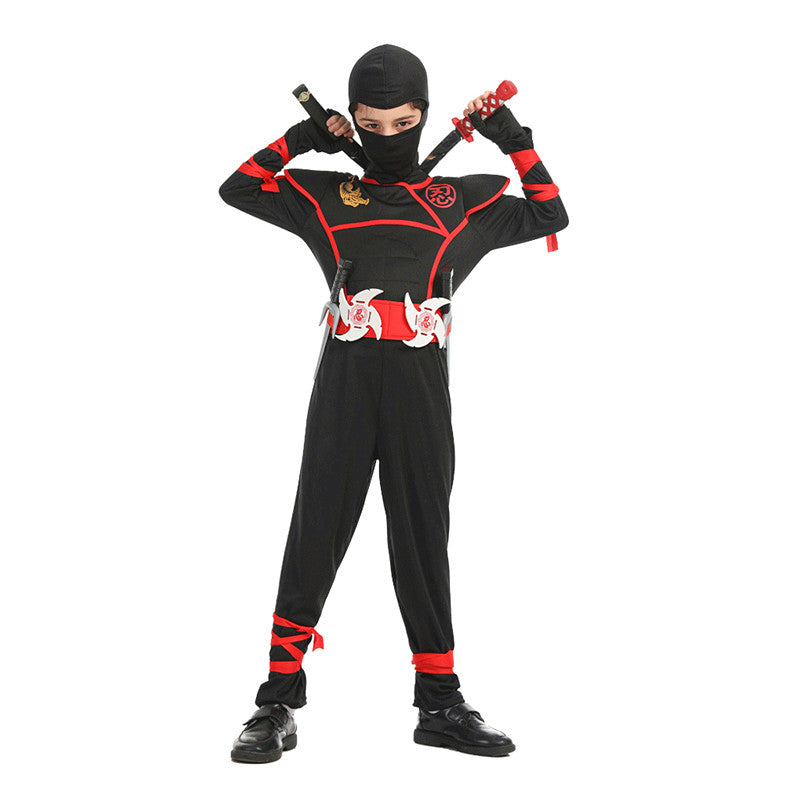 Kids Samurai Halloween Outfit featuring a black jumpsuit, swords, and red accents for cool costumes